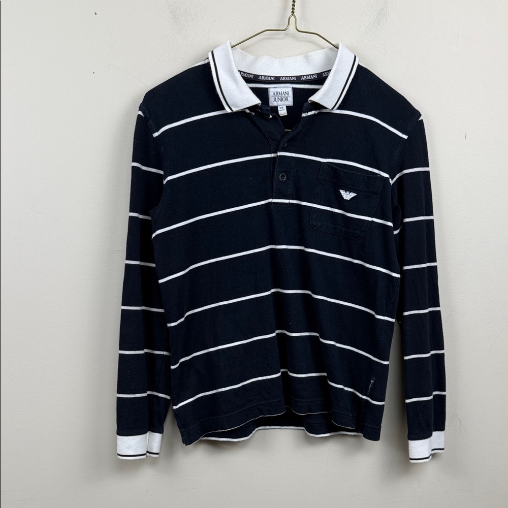 Armani junior boys Navy Polo with White Stripes long sleeve
12